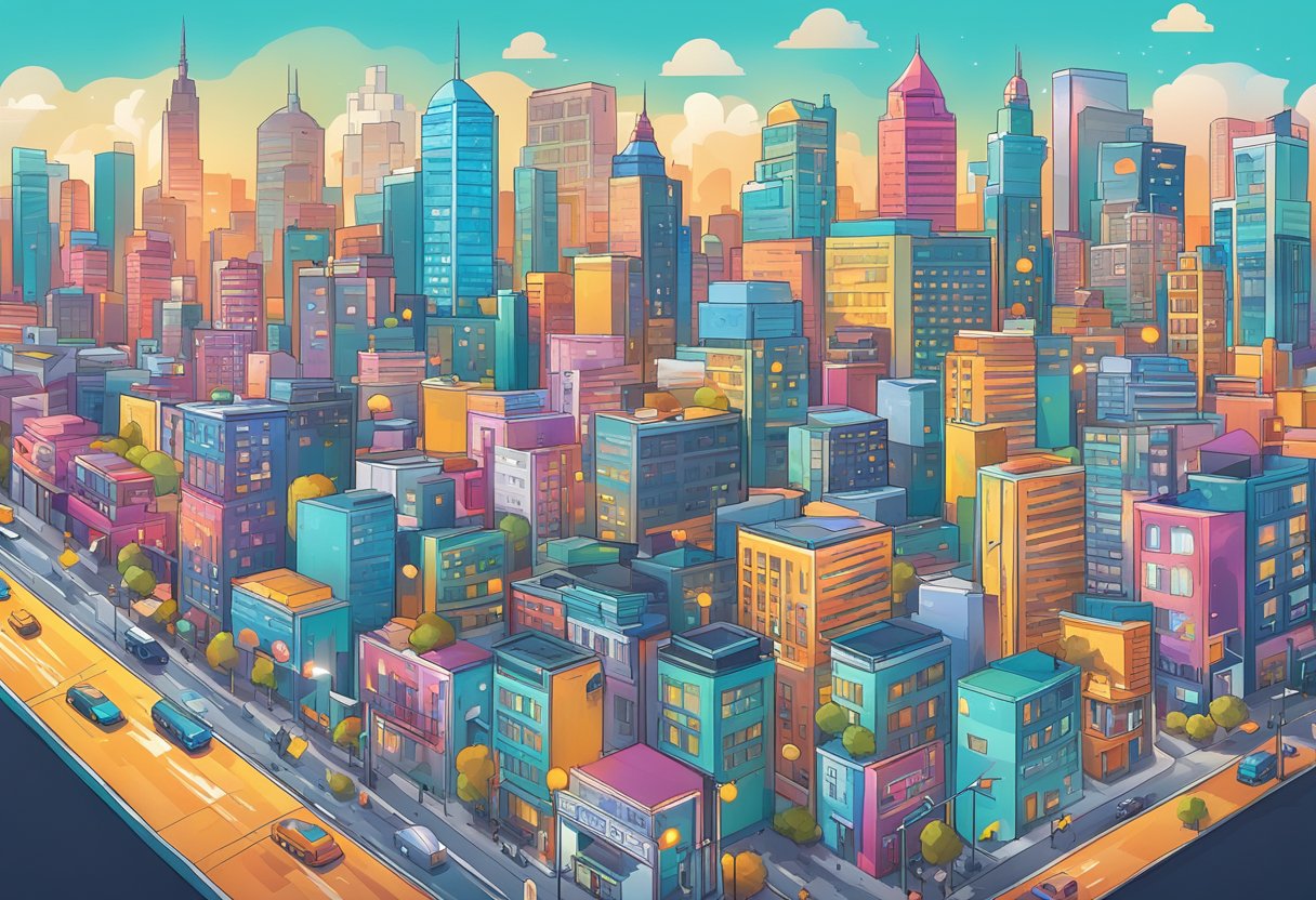 A vibrant, modern city skyline with a prominent influencer's logo displayed on a billboard, surrounded by bustling streets and social media icons