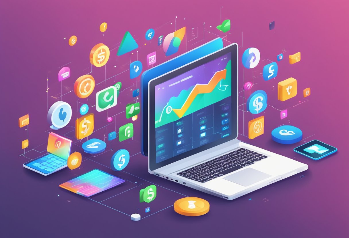 A laptop surrounded by dollar signs and social media icons, with a graph showing increasing revenue