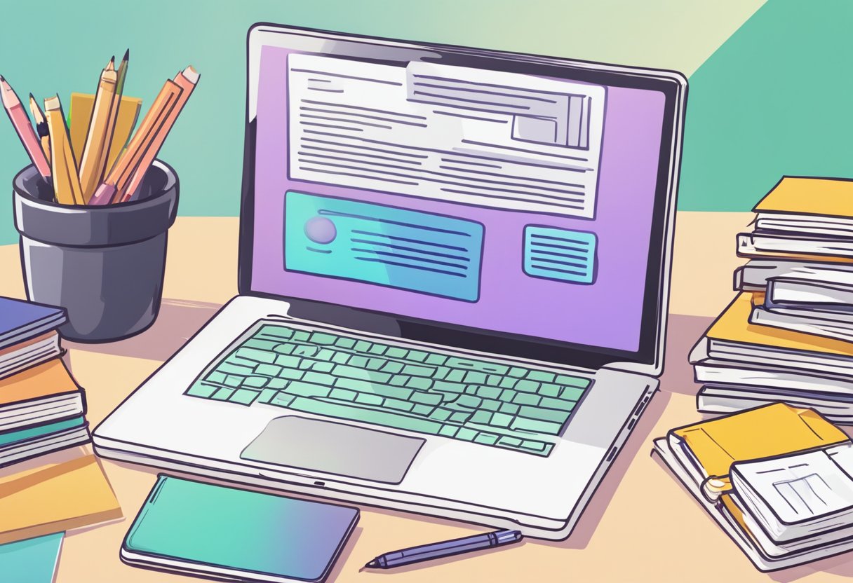 A laptop open to a webpage titled "Frequently Asked Questions: How to become an influencer and make money" with a stack of books and a pen nearby