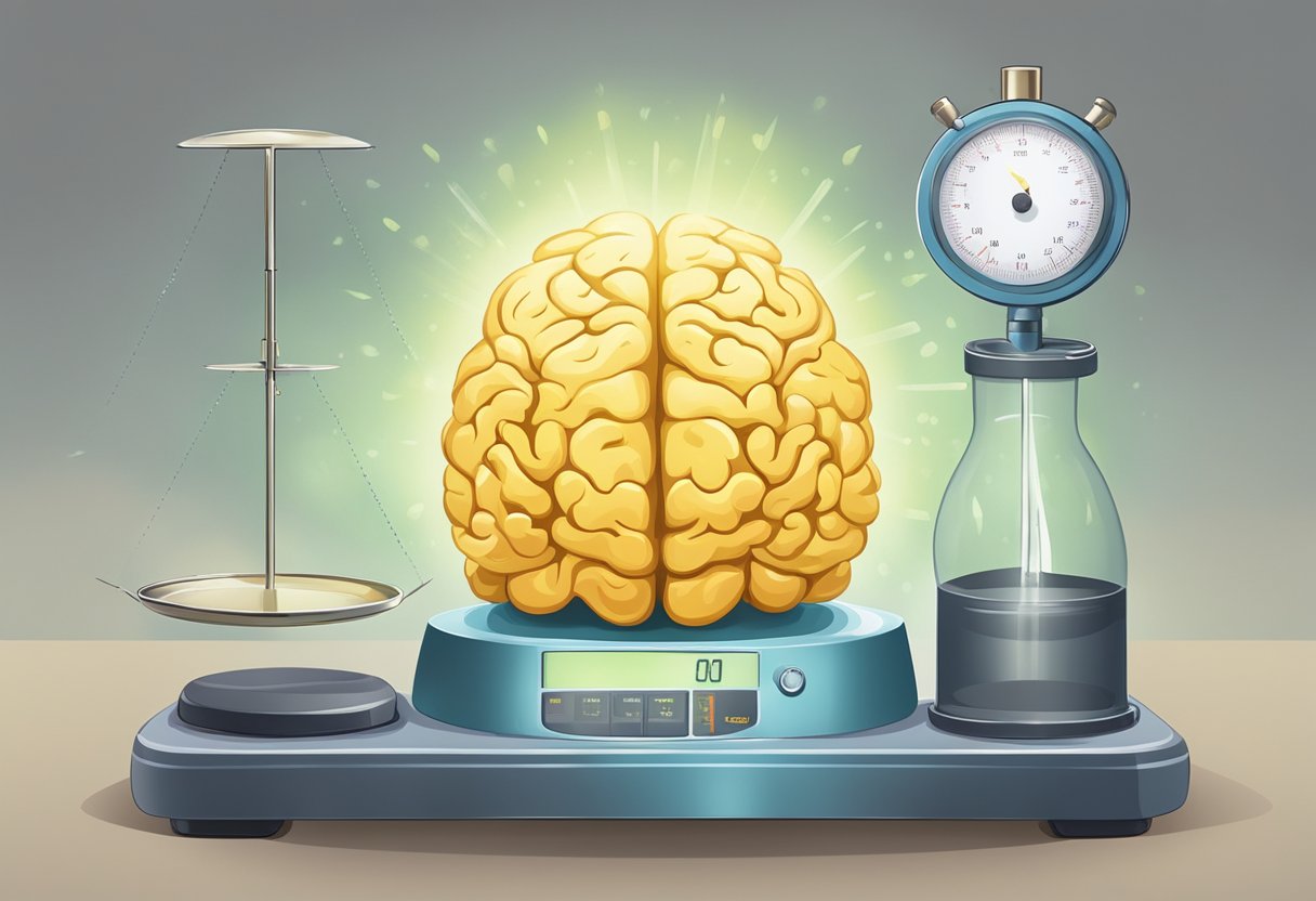 Sunlight breaks through fog, highlighting brain and weight scale. Brain filled with hormones, affecting weight