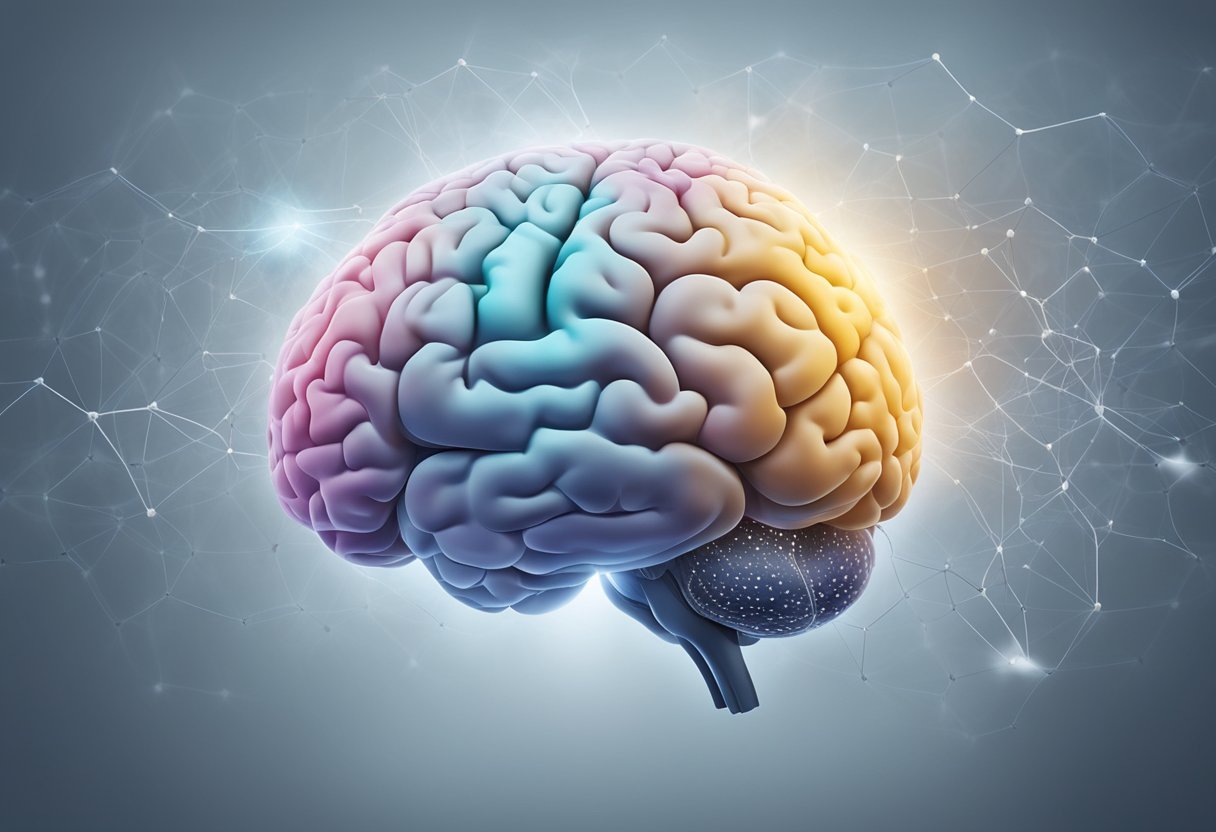 A brain surrounded by fog, with hormone molecules interacting with neurotransmitters to illustrate the connection between hormones, the brain, and weight