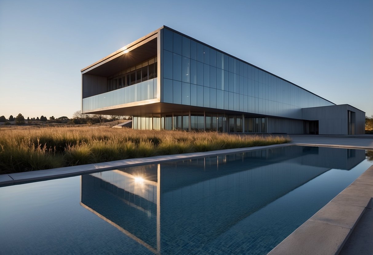 A modern, sleek building stands against a clear blue sky, showcasing clean lines and minimalistic design. Surrounding landscape is simple yet elegant