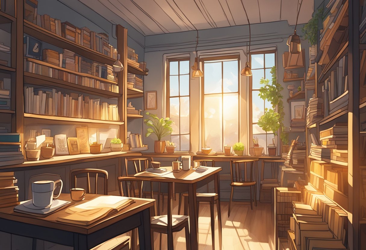 A cozy coffee shop with steaming mugs, books, and a warm atmosphere. Shelves filled with sketchbooks, pencils, and art supplies. Sunlight streaming through the window