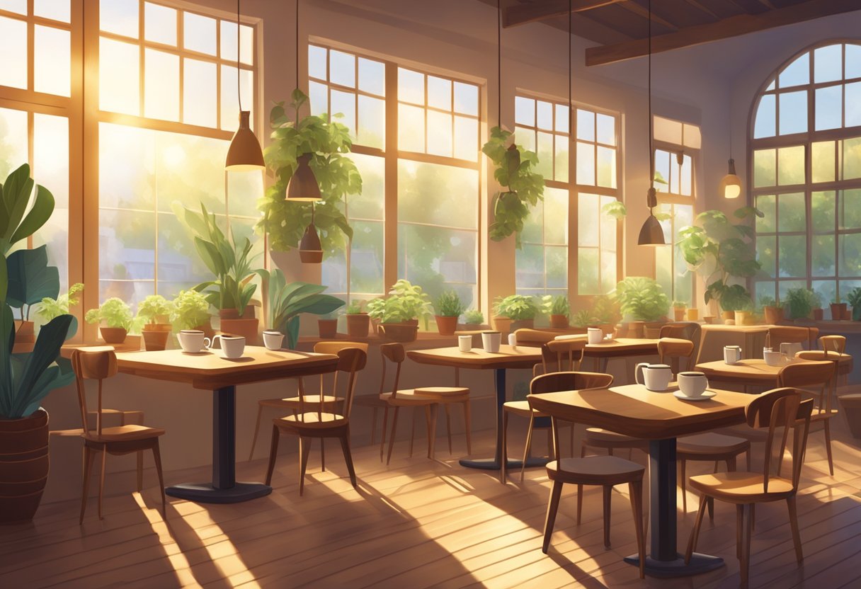 A cozy coffee shop with steaming cups, books, and plants on the tables. Soft sunlight streams in through the windows, casting shadows on the wooden floors