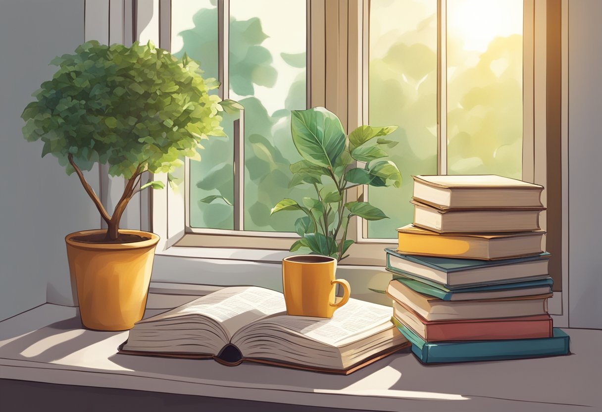 A cozy corner with a pile of books, a cup of tea, and a plant on a sunny window sill