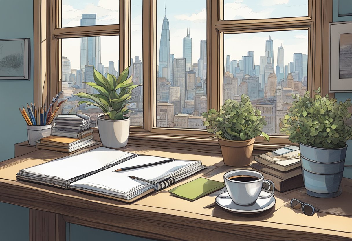 A cluttered artist's desk with pencils, markers, and sketchbooks. A window reveals a view of a city skyline, with a cup of coffee and a potted plant on the desk