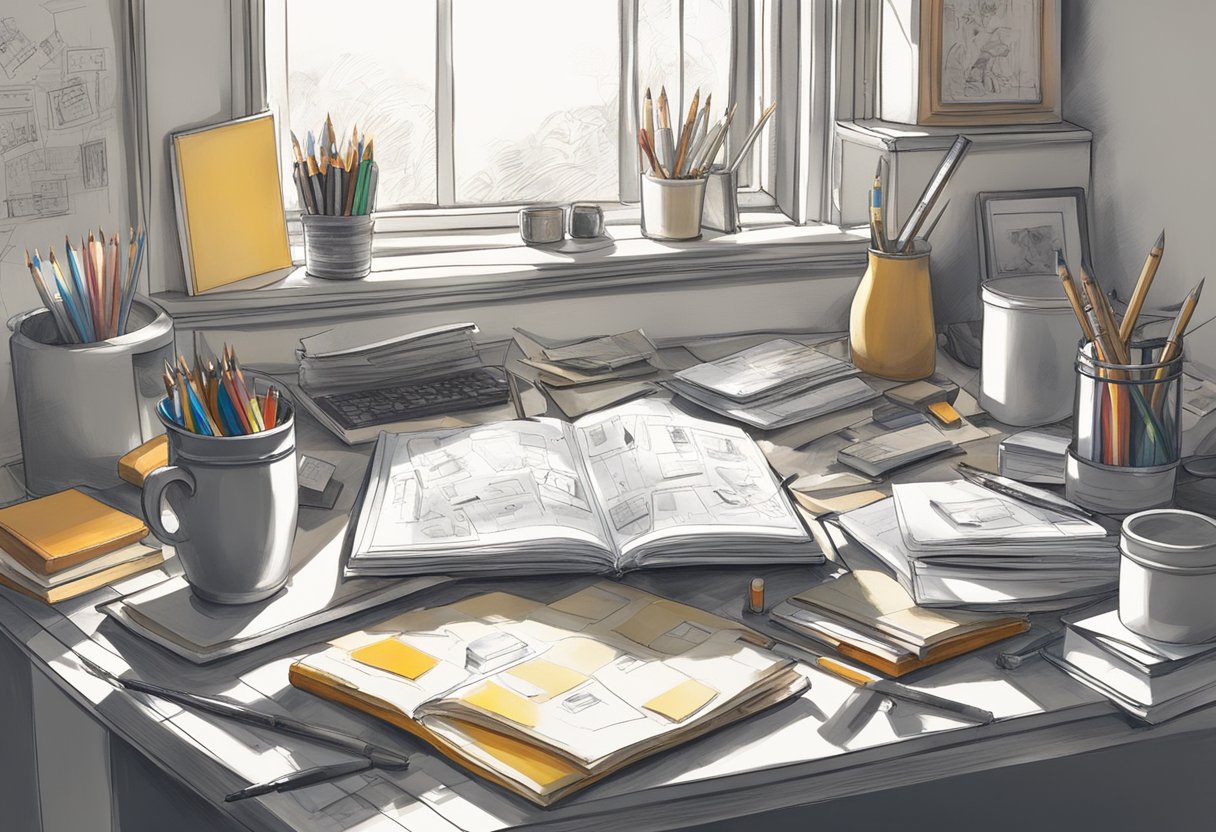 A cluttered artist's desk with various sketchbooks, pencils, erasers, and reference photos scattered around. A window provides natural light, casting shadows on the cluttered workspace