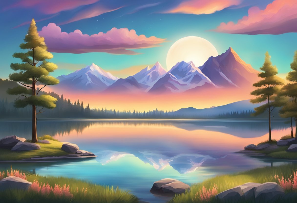 A serene landscape with a majestic mountain range, a tranquil lake, and a colorful sunset sky. Wildlife and nature elements add to the peaceful and inspirational atmosphere