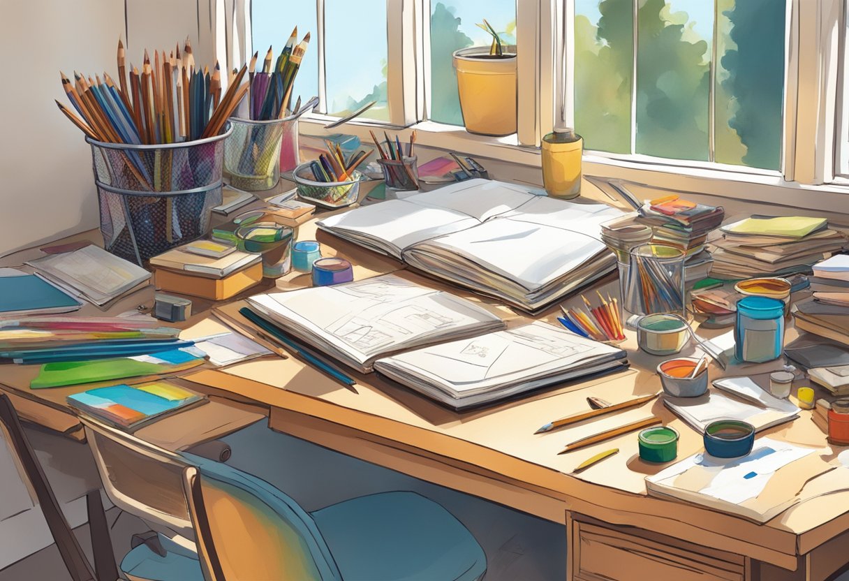 A cluttered artist's desk with various sketchbooks, pencils, paints, and other art supplies scattered around. A window lets in natural light, casting a soft glow on the creative chaos