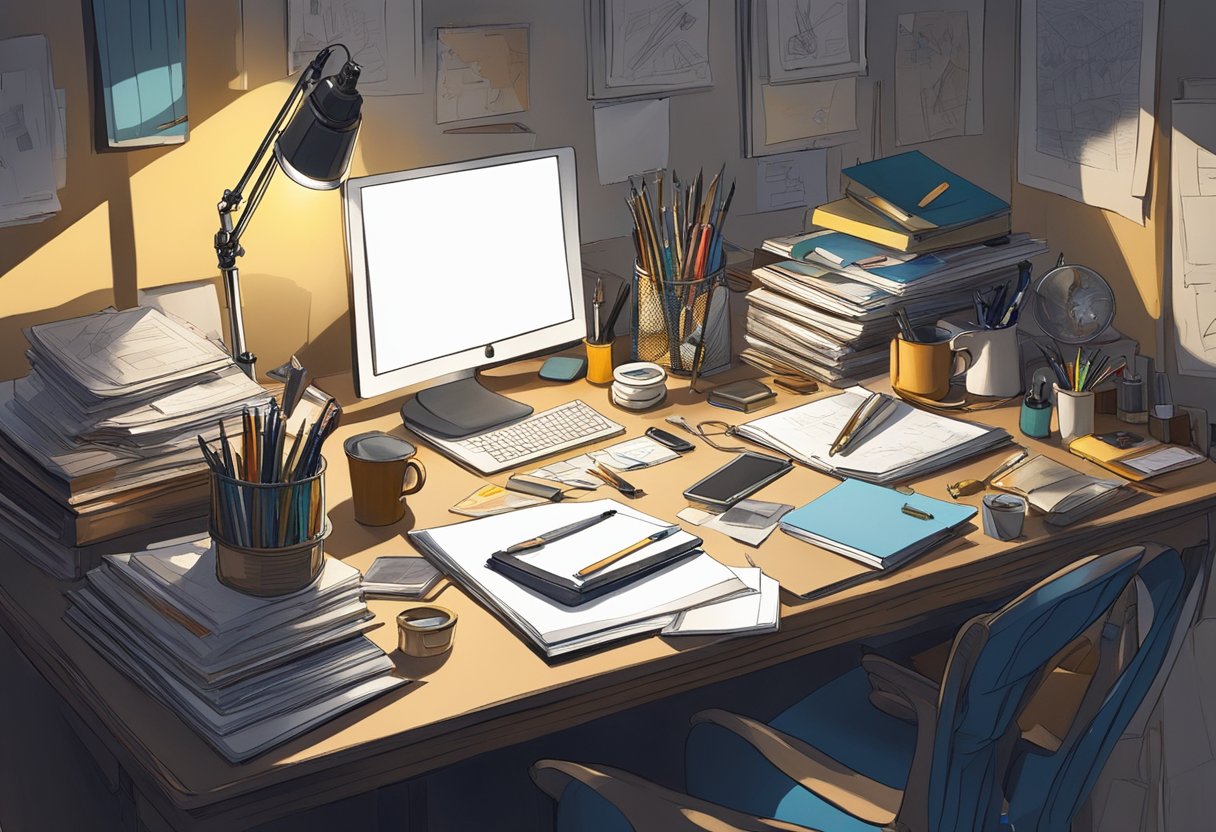 A cluttered desk with various art supplies, sketchbooks, and reference materials scattered around. A desk lamp illuminates the workspace, casting dramatic shadows