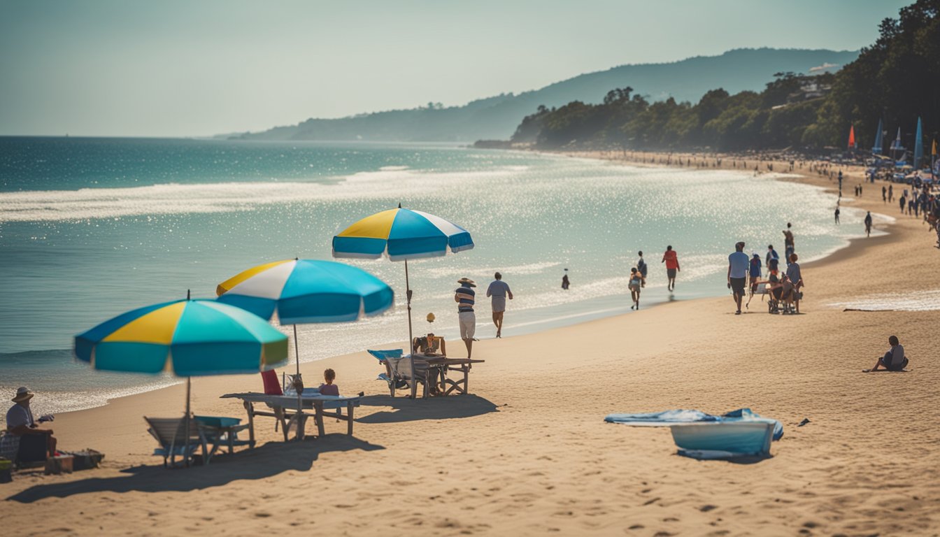 Sunshine on the sandy shore, waves gently lapping, colorful umbrellas dotting the beach, families playing and picnicking, sailboats gliding across the sparkling water