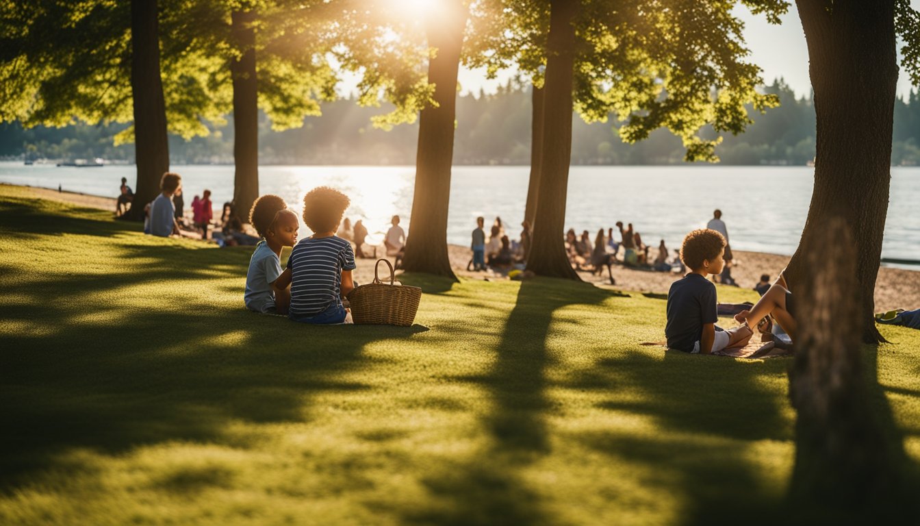 Sun shines on sandy shore, kids play in water, families picnic under shady trees at Juanita Beach Park Kirkland, WA