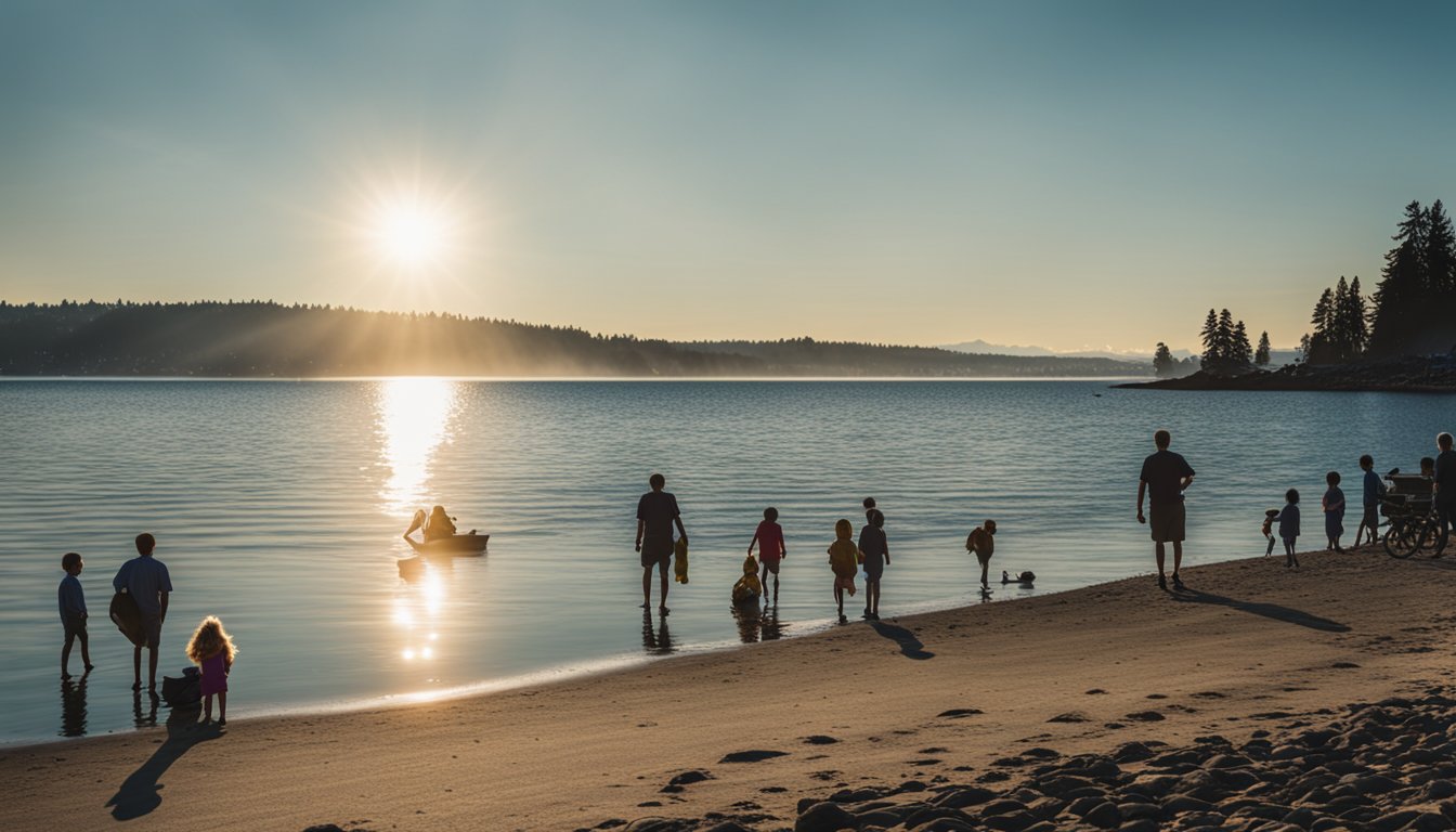 The sun shines brightly over the sandy beach at Juanita Beach in Kirkland, WA. People relax in the warm weather, while children play in the clear blue waters of the lake