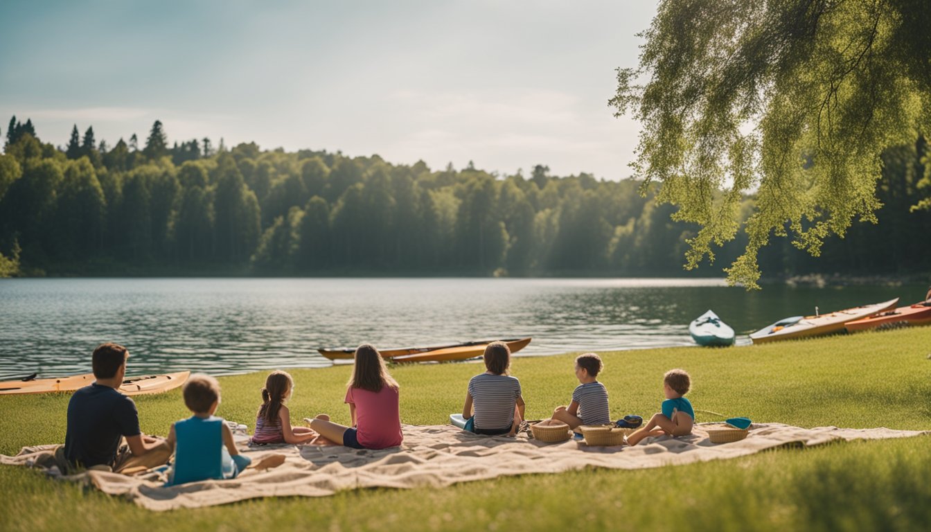 Families picnic on grass near the lake. Children play in the sand. Kayakers paddle on the water. Sunbathers relax on the beach