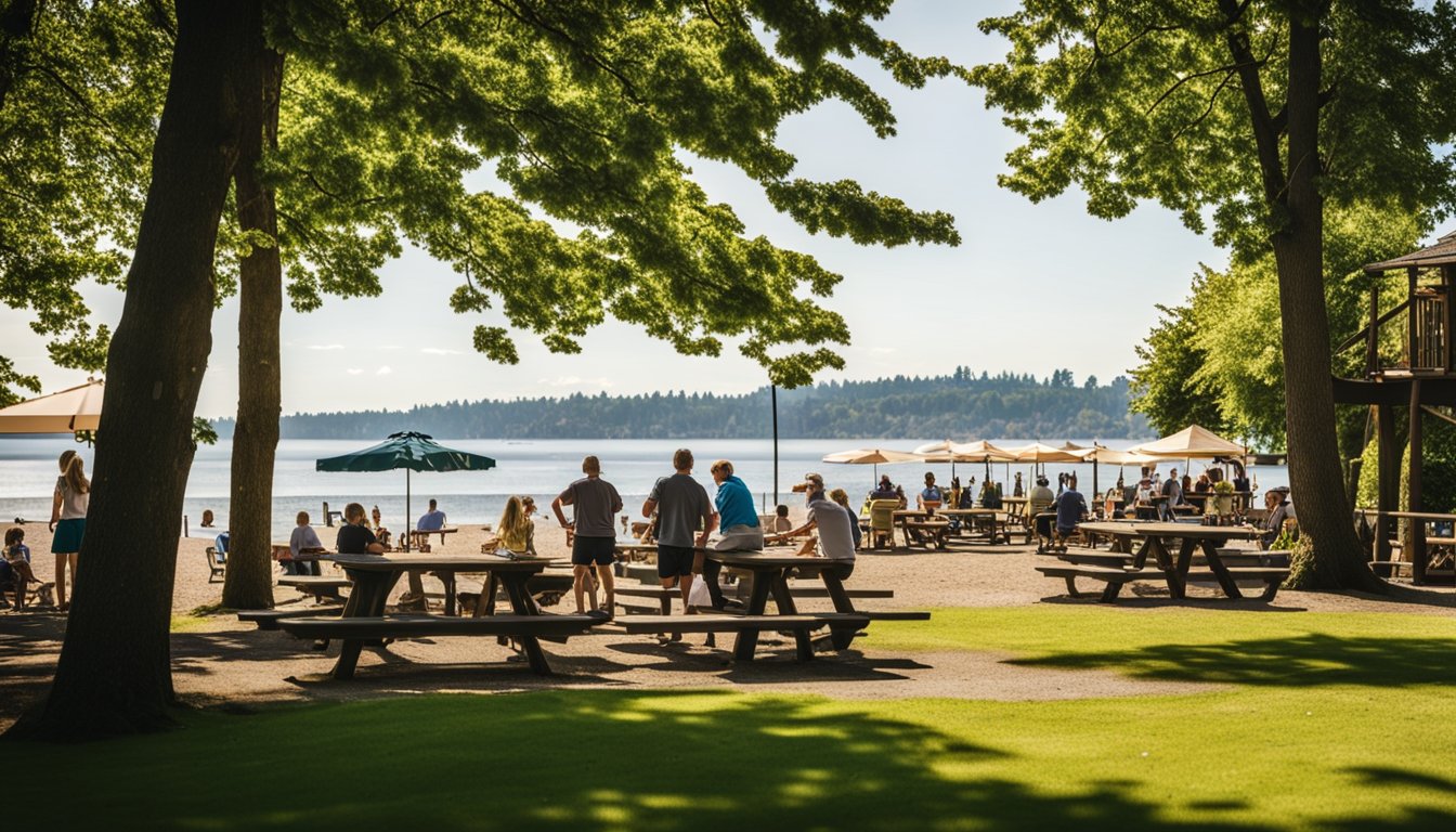 The scene at Juanita Beach in Kirkland, WA in summer includes a sandy beach, clear blue water, lush green trees, picnic tables, and a playground