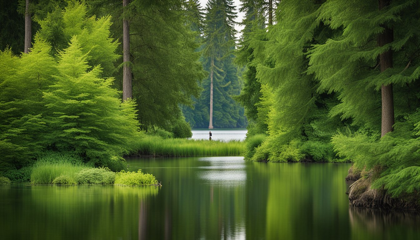 Lush greenery surrounds a tranquil lake at Juanita Beach in Kirkland, WA. Wildlife roams freely, and the air is filled with the sounds of nature in the summer