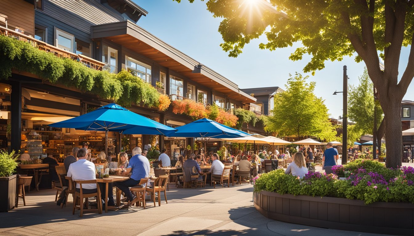 Colorful outdoor dining patios and bustling shops line the vibrant streets near Juanita Beach in Kirkland, WA. The summer sun shines down on the lively scene, creating a warm and inviting atmosphere for locals and visitors alike