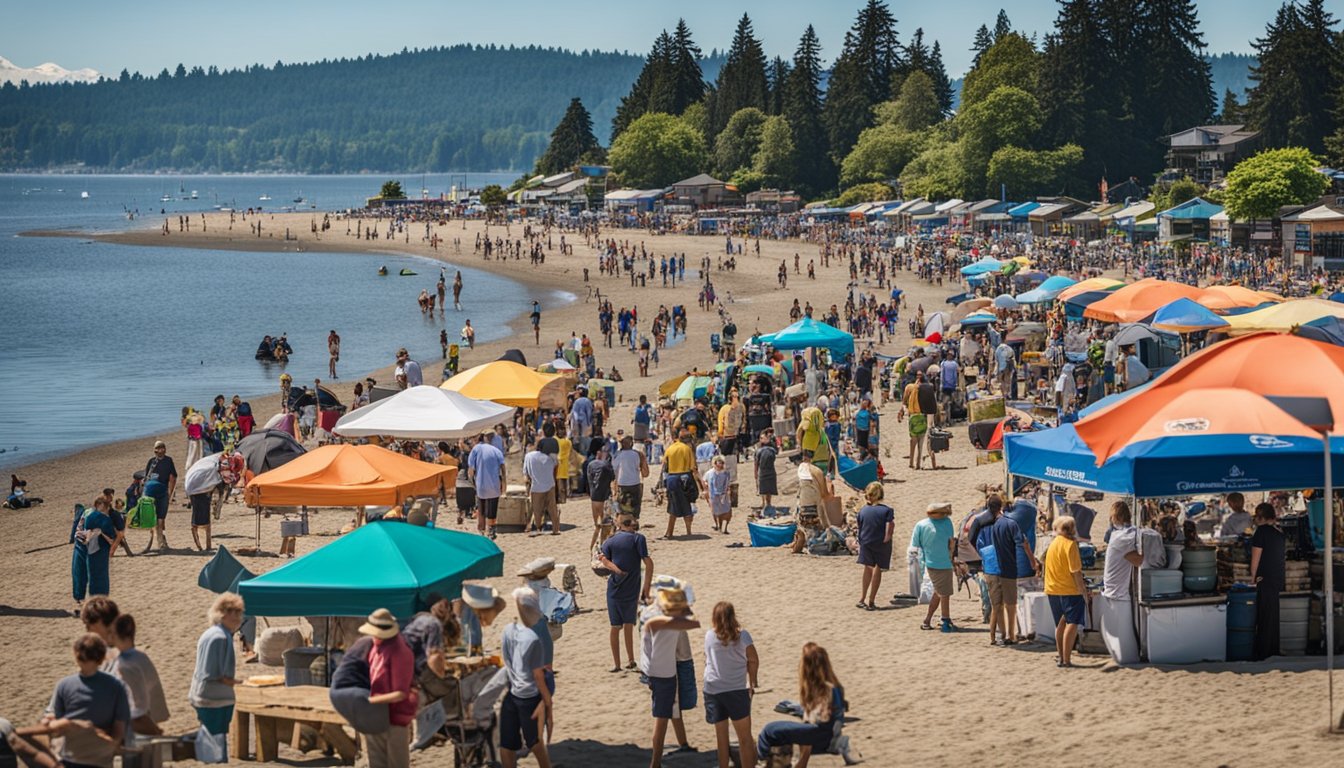 A bustling scene at Juanita Beach in Kirkland, WA, with people of all ages participating in community events and volunteering activities during a sunny summer day