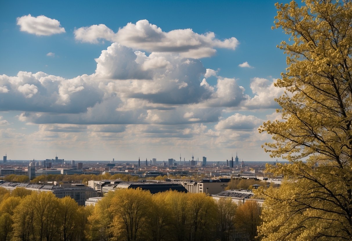 Sunny skies over Berlin in April, with scattered clouds and mild temperatures
