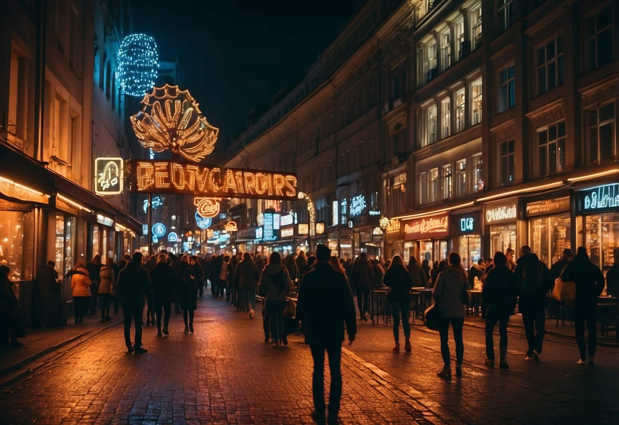 Vibrant neon signs illuminate the bustling streets of Berlin at night, as people spill out of bars and clubs, music fills the air, and the city comes alive with energy and excitement