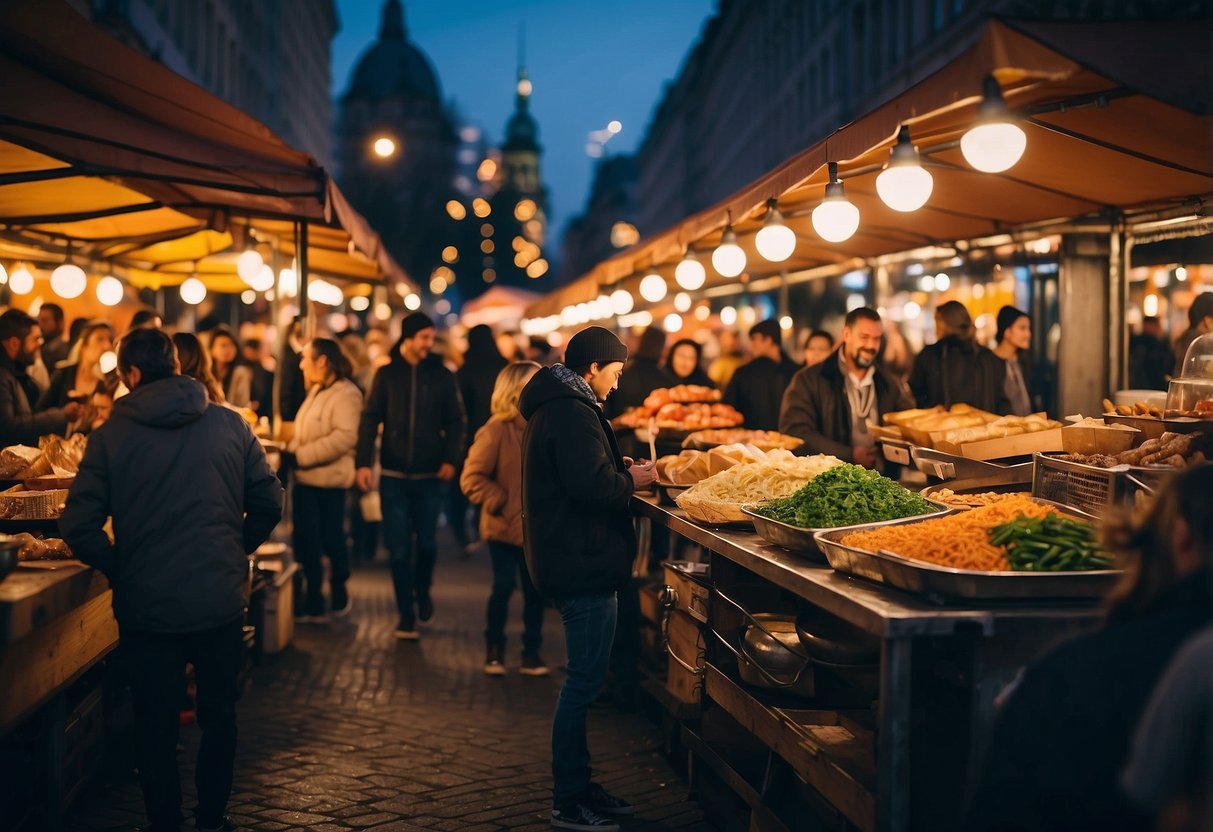 The bustling night market in Berlin is filled with colorful food stalls and the aroma of sizzling street food. Bright lights illuminate the lively scene, creating a vibrant and inviting atmosphere for culinary exploration