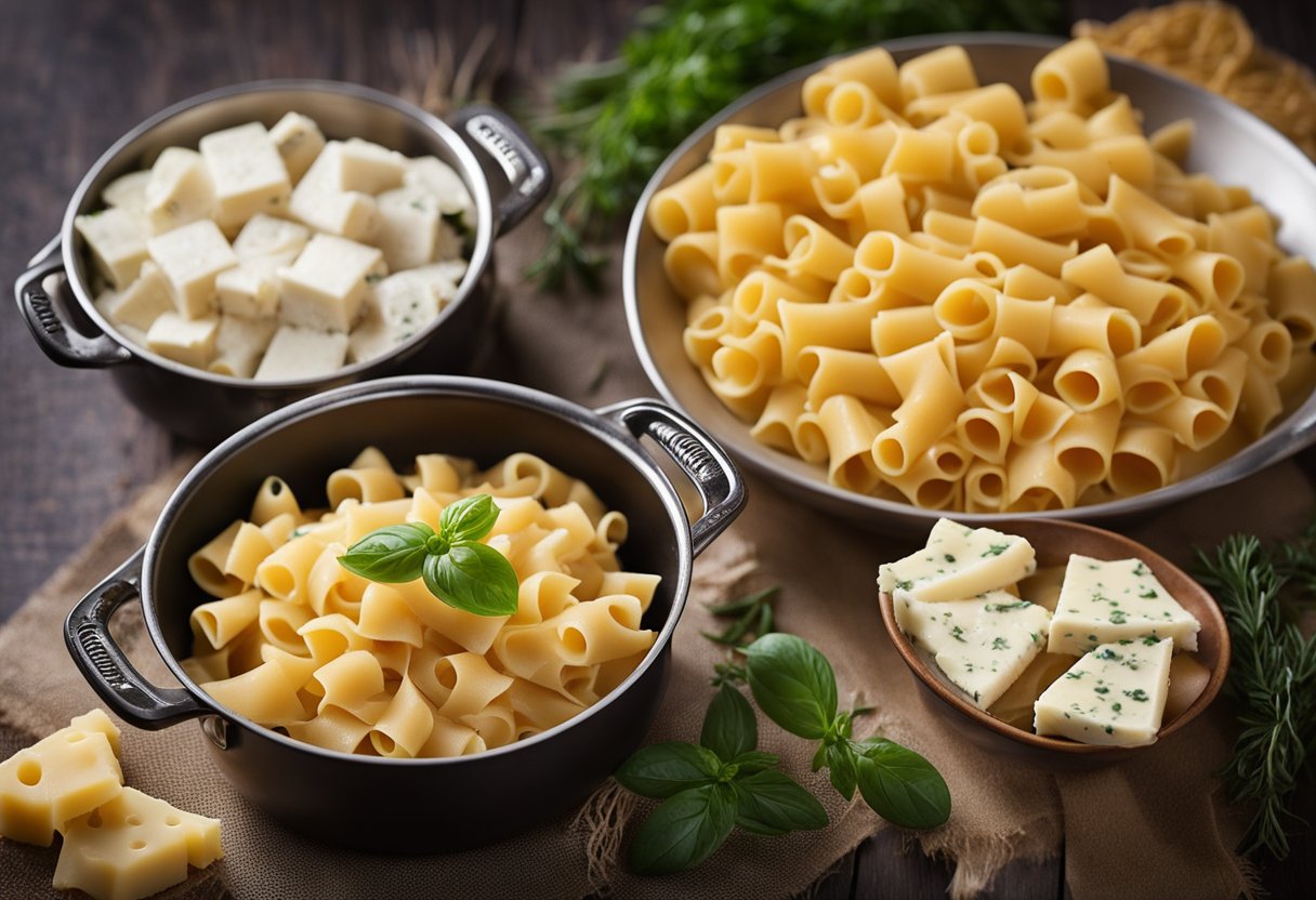 A pot of boiling water with pasta, a pan with four types of cheese, and a dish of finished 4 cheese pasta