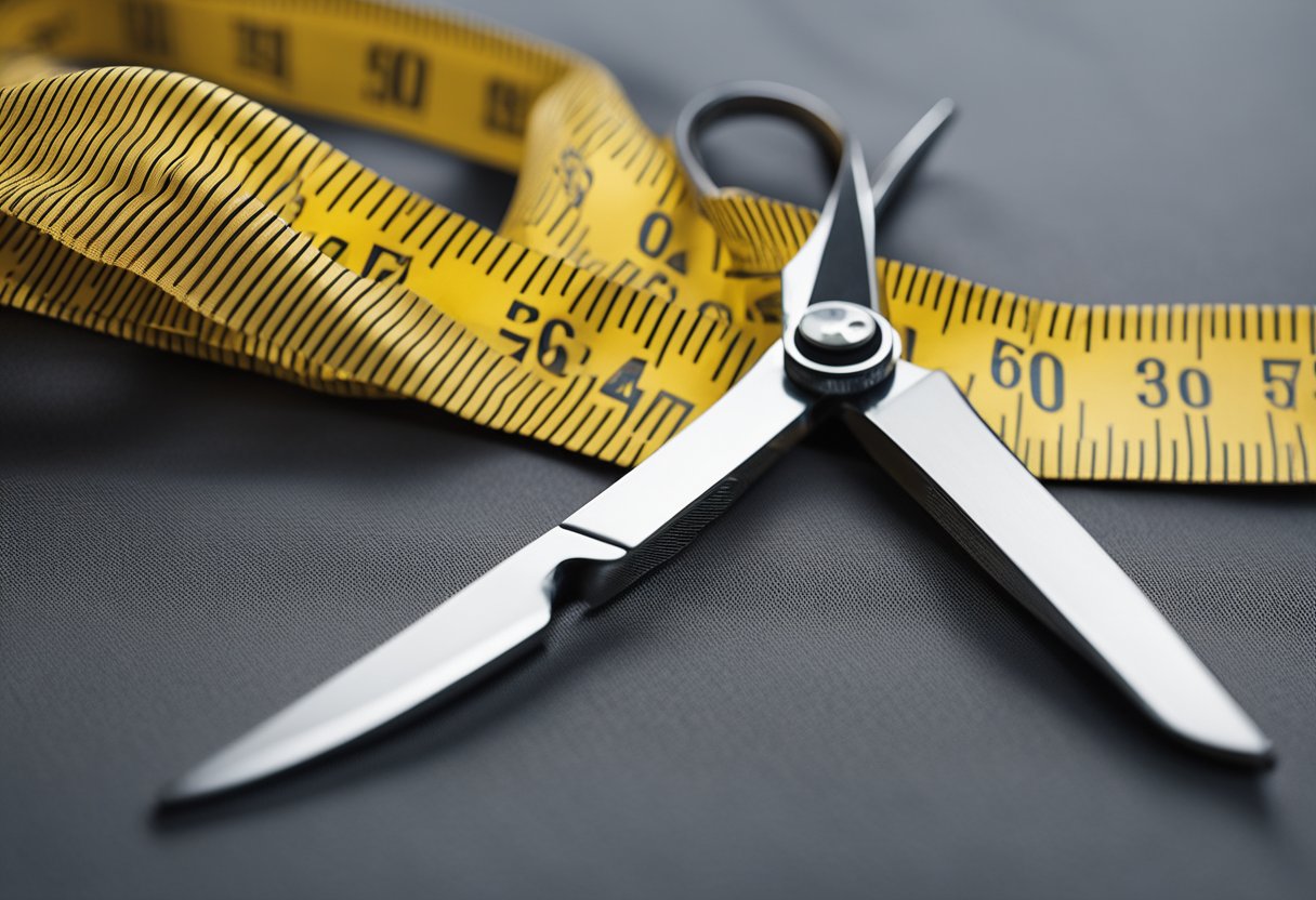 A pair of scissors cuts through a piece of fabric, while a measuring tape is stretched across the material. The fabric is laid out on a flat surface, ready to be used for upholstering a headboard and frame
