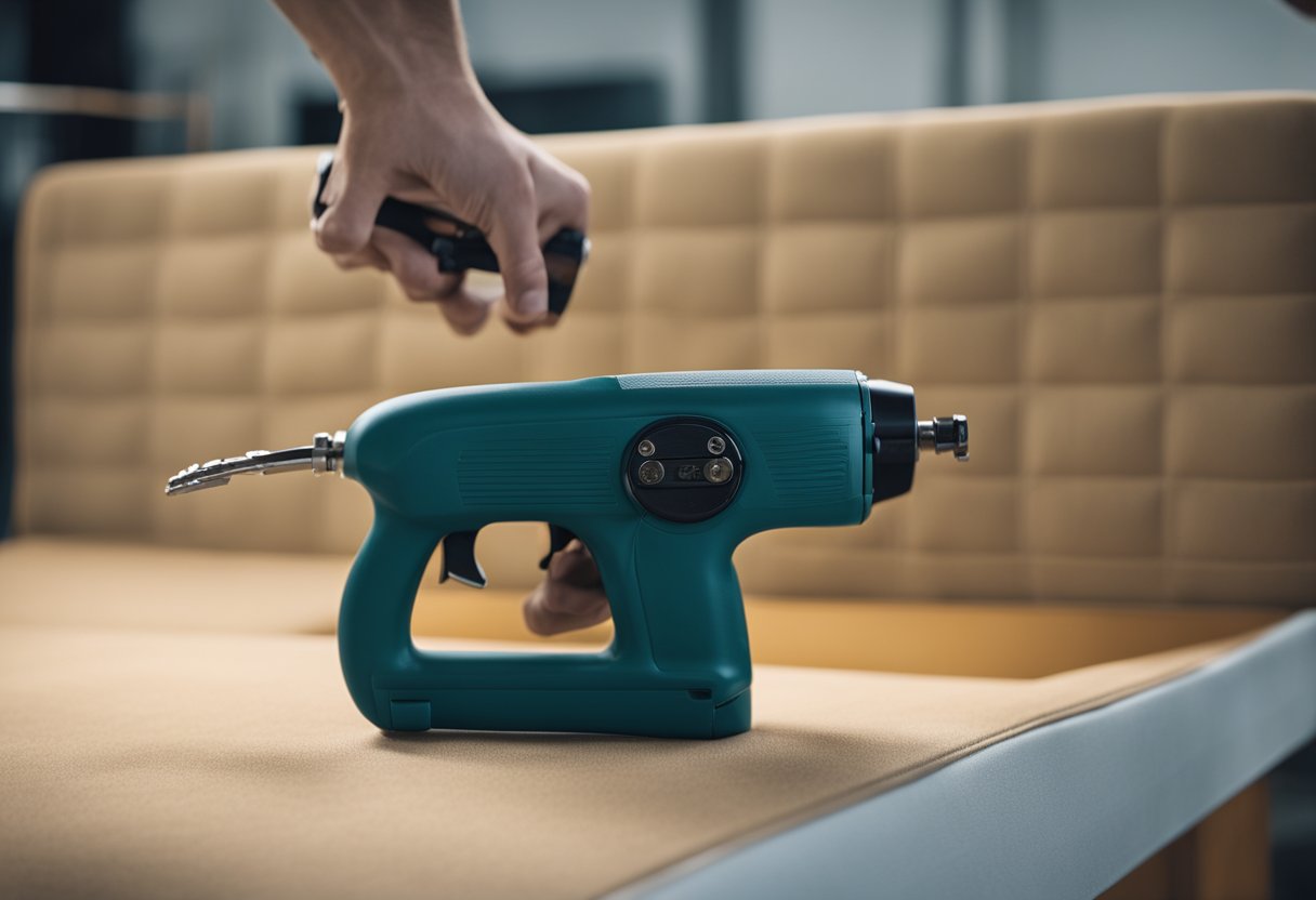 A hand holds a staple gun, securing fabric to a headboard. A frame stands nearby. The process of upholstering is shown step by step