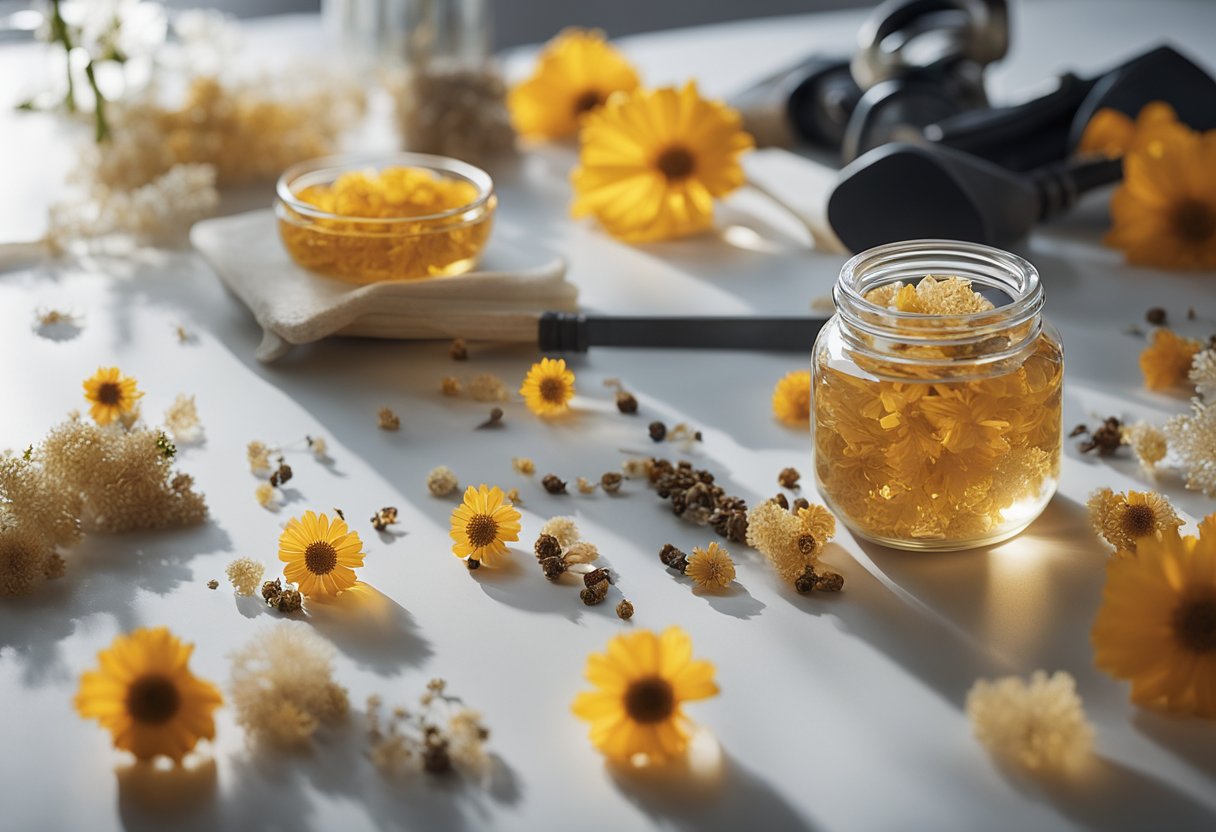 Resin, dried flowers, and safety gear on a clean work surface. Step-by-step guide visible nearby. Bright, natural lighting illuminates the scene