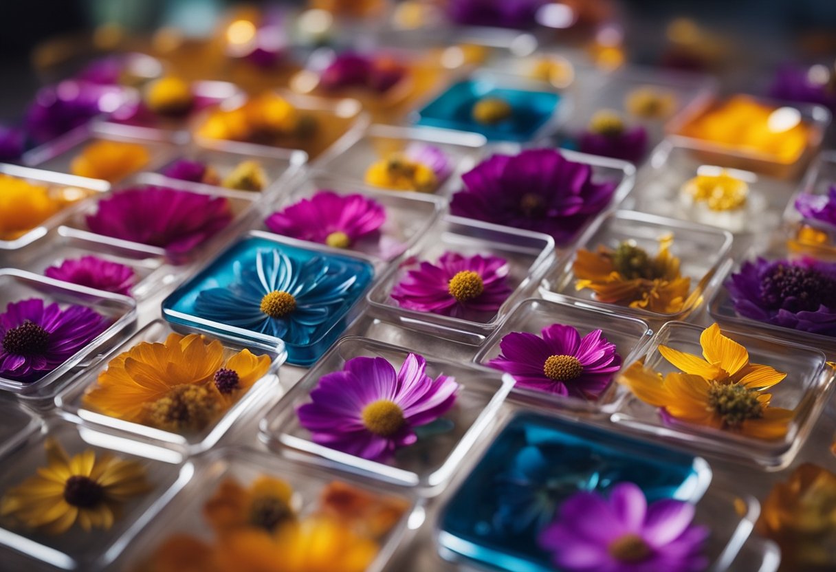 Vibrant resin mix poured into coaster molds with carefully placed dried flowers. Colors blend and swirl as the resin sets, creating beautiful, unique coasters