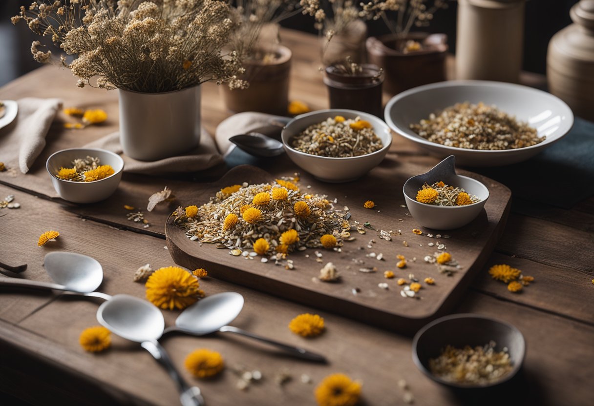 A table with scattered dried flowers, resin, and coaster molds. A pair of gloves and a mixing cup sit nearby