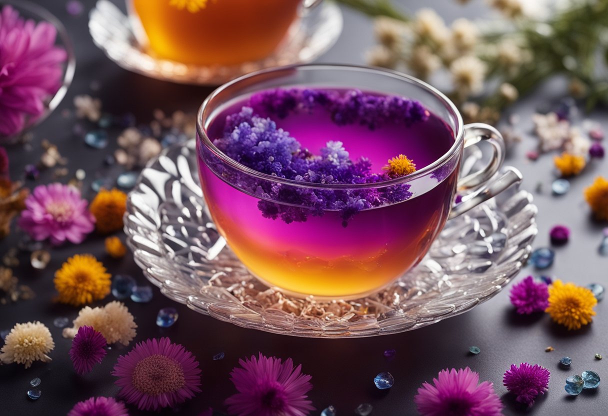 Resin and hardener being mixed in a clear cup, with dried flowers and colorful pigments nearby for making coasters