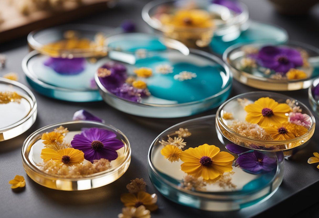 Resin coasters on a flat surface, with dried flowers and colorful resin being poured and swirled together in a step-by-step process