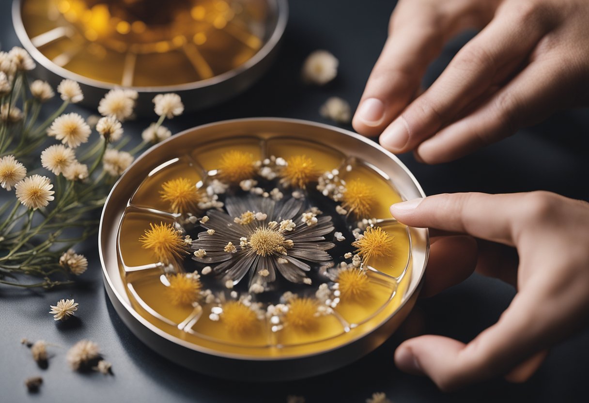 Resin being poured into coaster molds, with dried flowers arranged inside