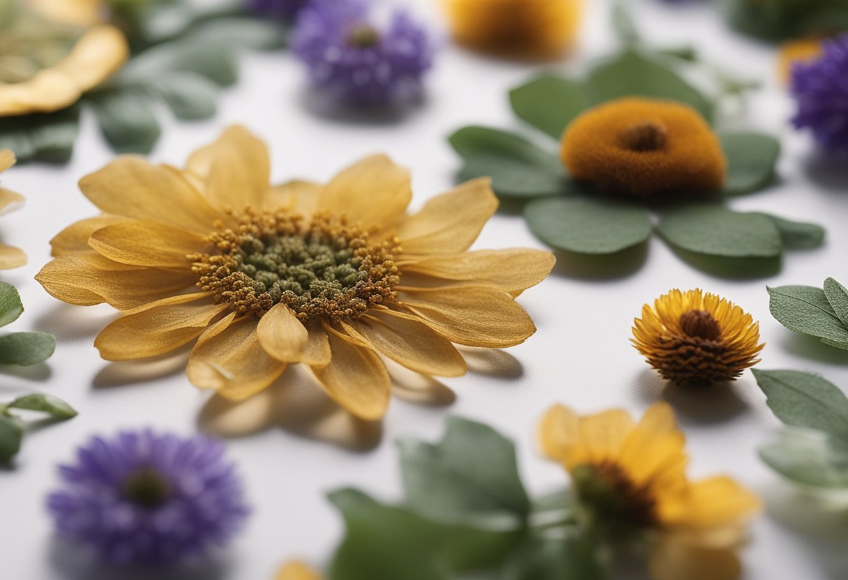 Dried flowers are carefully placed on a flat surface, ready to be encased in resin for making colorful coasters