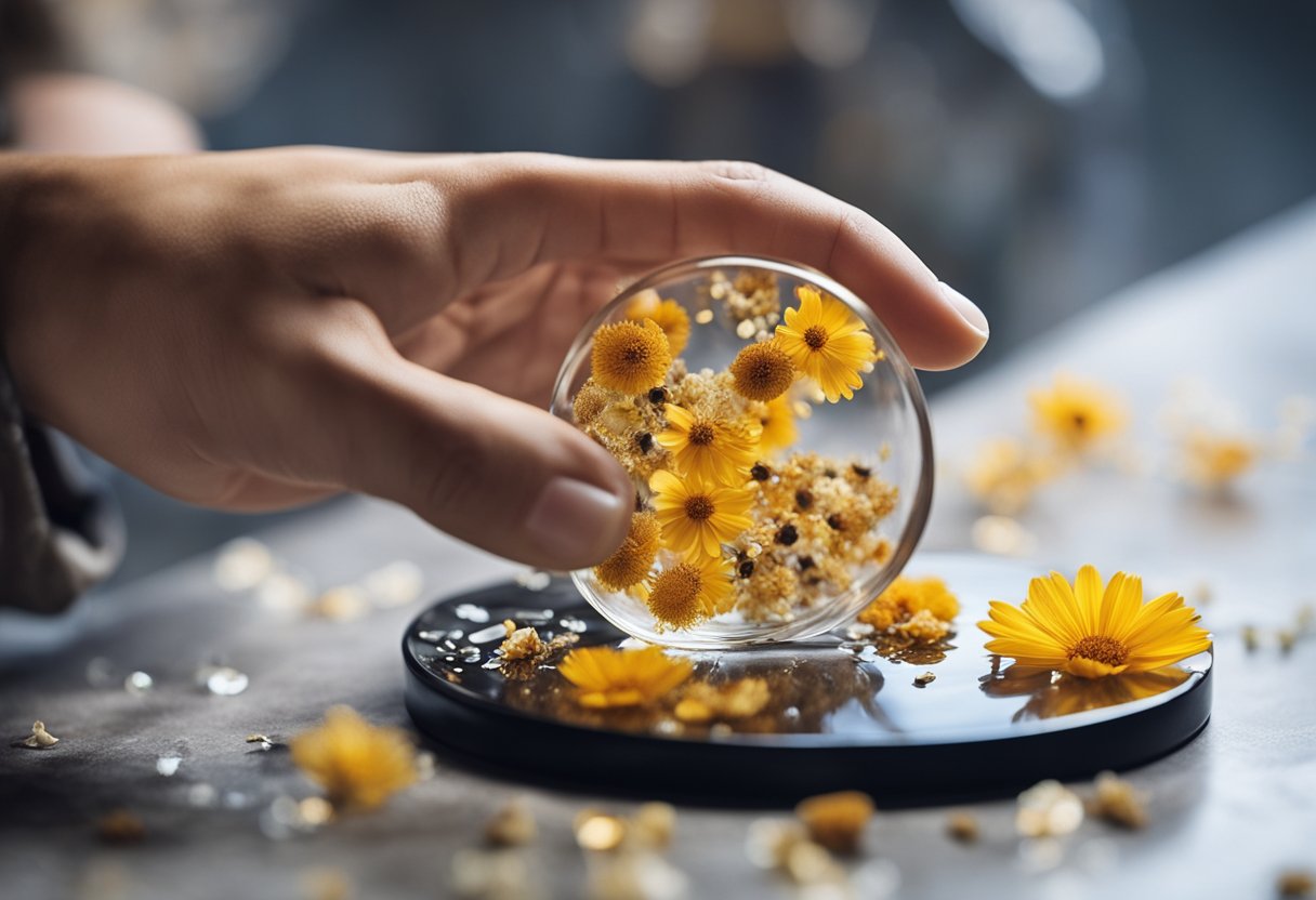 A hand holding a clear resin mixture and pouring it onto a coaster filled with dried flowers, creating a colorful and glossy final layer