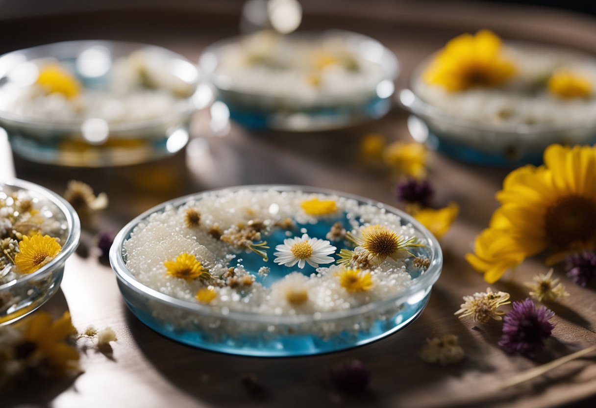 Resin mixture being poured into coaster molds with dried flowers arranged inside, then left to cure