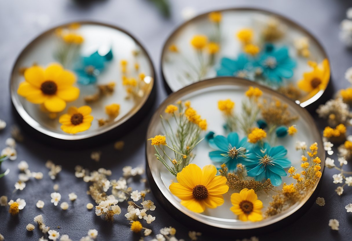 Resin coasters being carefully crafted with dried flowers embedded in colorful resin, a step-by-step guide for maintenance and care
