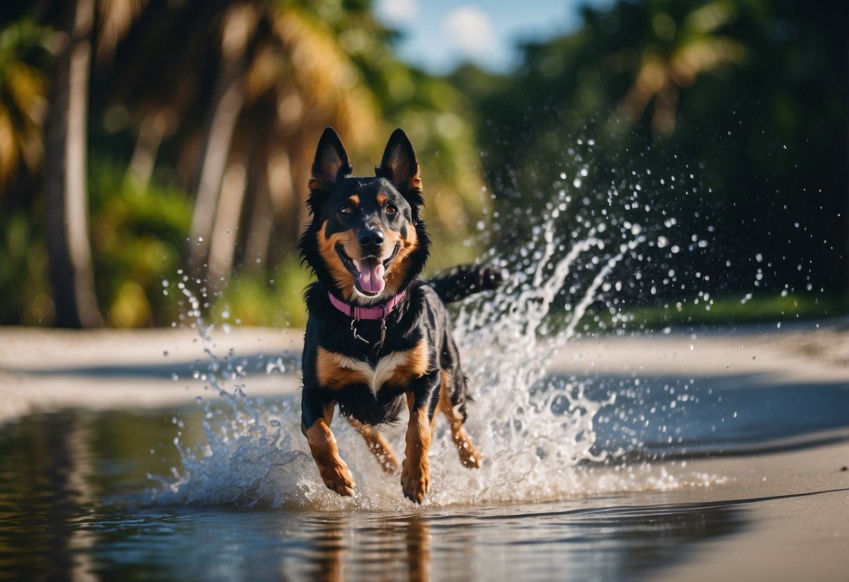 Dogs playing on sandy beaches, splashing in clear blue waters, and running through lush, green parks in Florida's top summer destinations