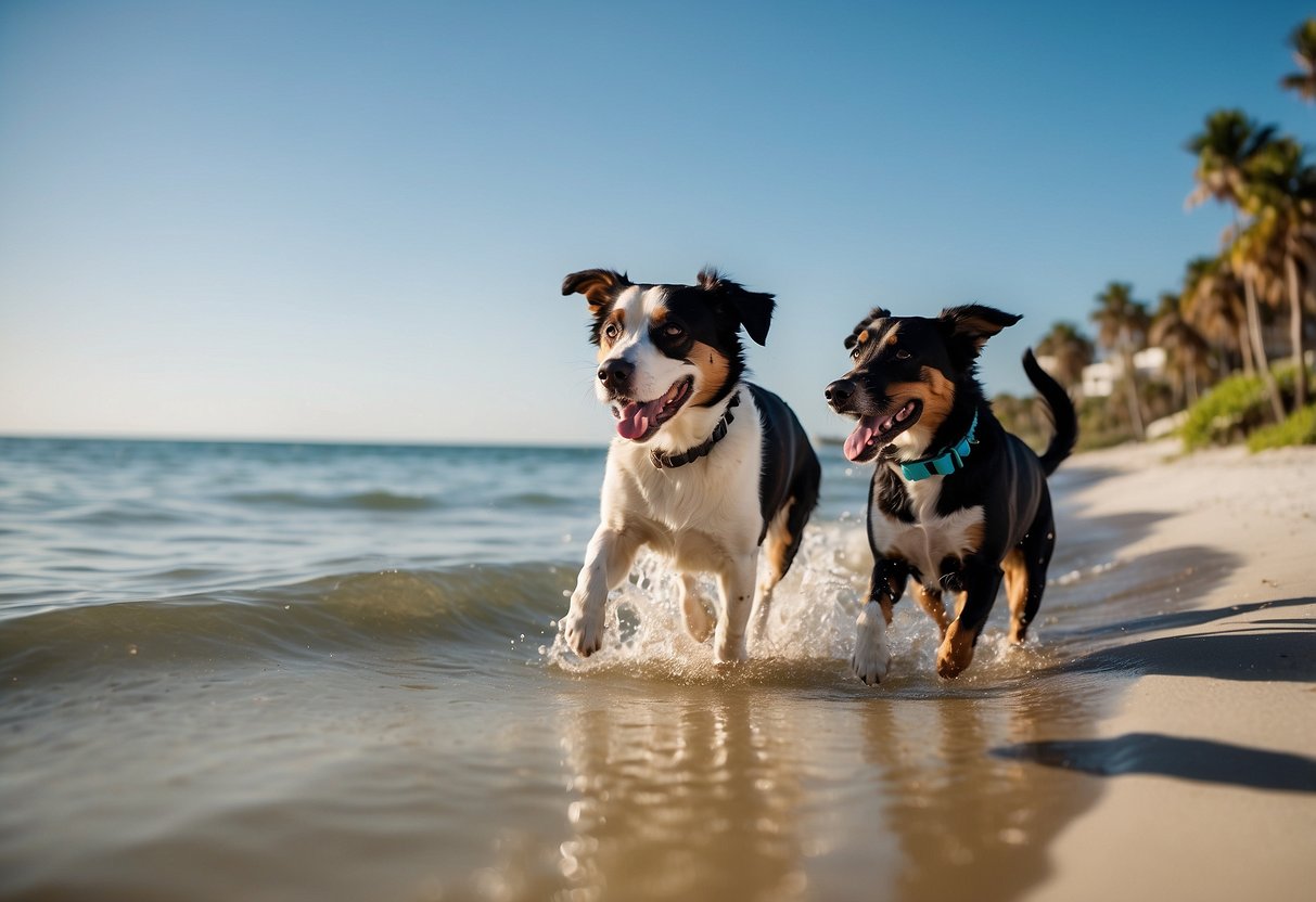 Dogs playing in the sand and water at a sunny, dog-friendly beach in Florida. Palm trees line the shore, and the clear blue ocean stretches out to the horizon