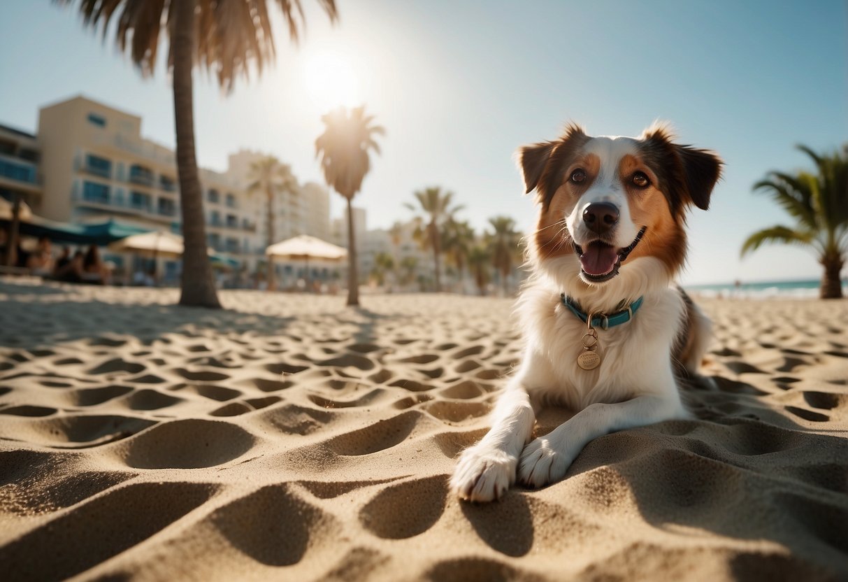 A sunny beach with a dog-friendly hotel in the background, palm trees swaying in the breeze, and happy dogs playing in the sand