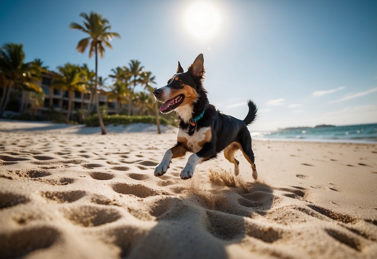 A dog running on a sandy beach, with palm trees and clear blue skies in the background