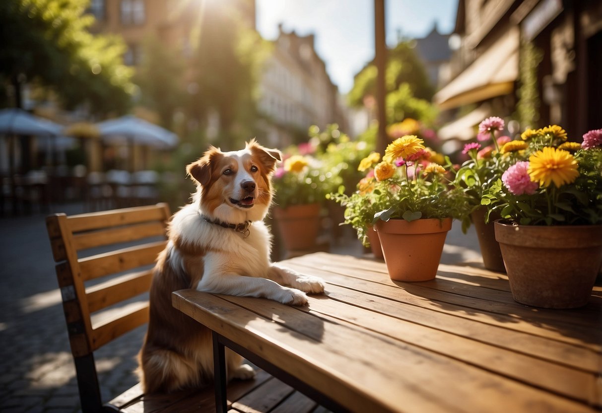 A dog sits at a table outside a restaurant, surrounded by lush greenery and colorful flowers. The sun is shining, and there is a warm, welcoming atmosphere