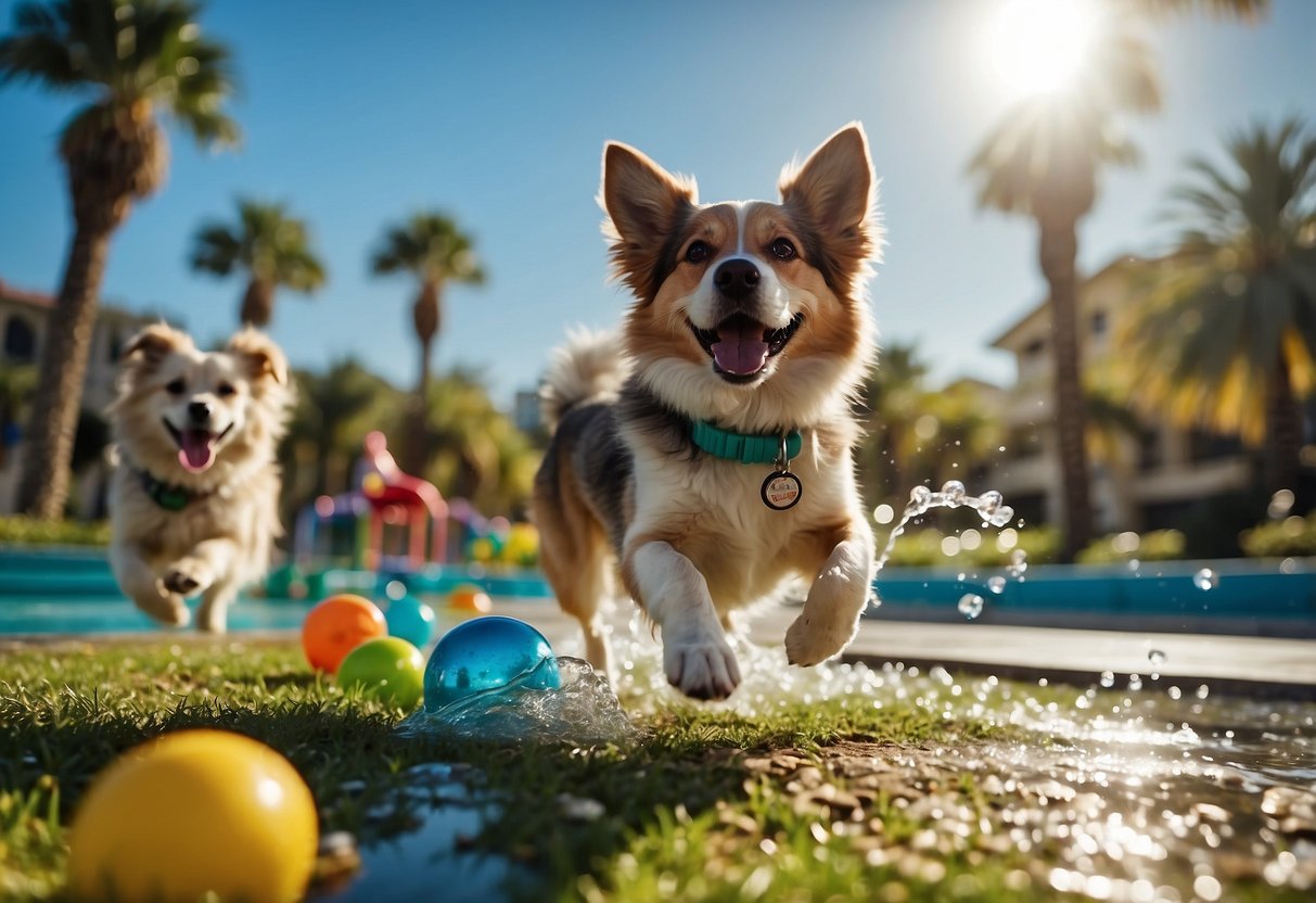 Dogs play in a sunny, grassy park with colorful toys and water features, surrounded by palm trees and a clear blue sky