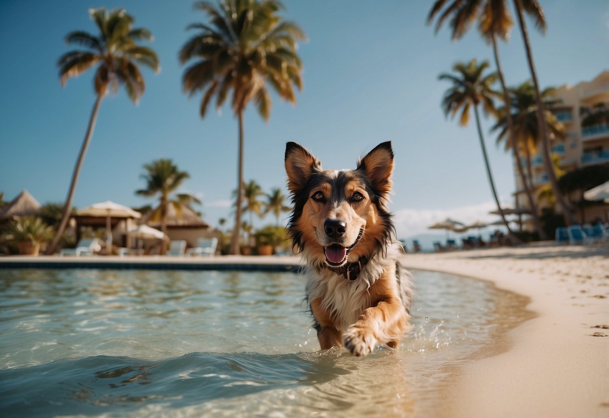 A sandy beach with palm trees, a clear blue sky, and a dog-friendly resort in the background. A dog happily playing in the water while their owner relaxes nearby