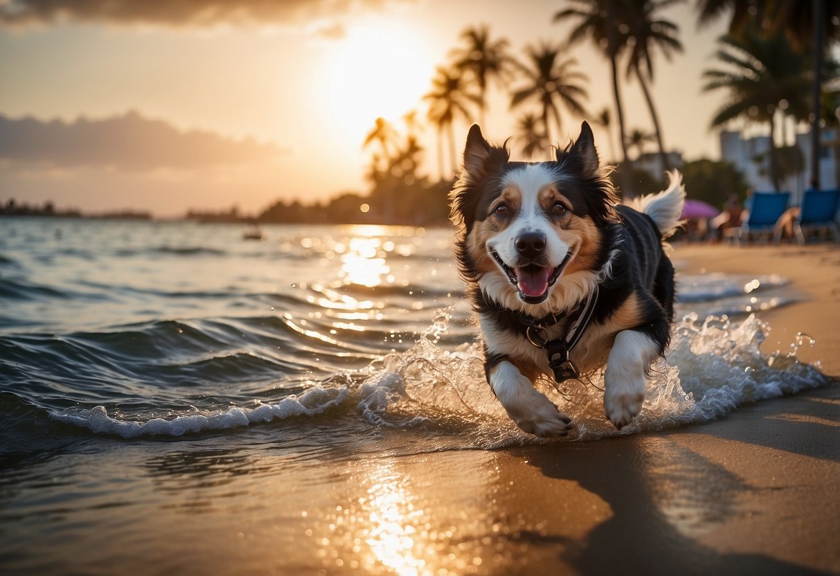 Dogs playing on a sunny beach, palm trees in the background, clear blue water, and a vibrant, colorful sky