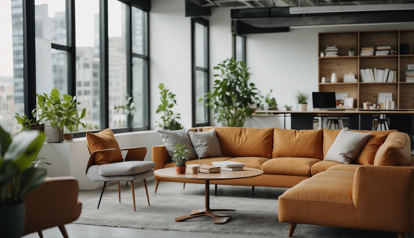 A sleek, modern office couch sits in a bright, airy room, inviting relaxation and collaboration. A laptop and notepad rest on the arm, ready for productive brainstorming