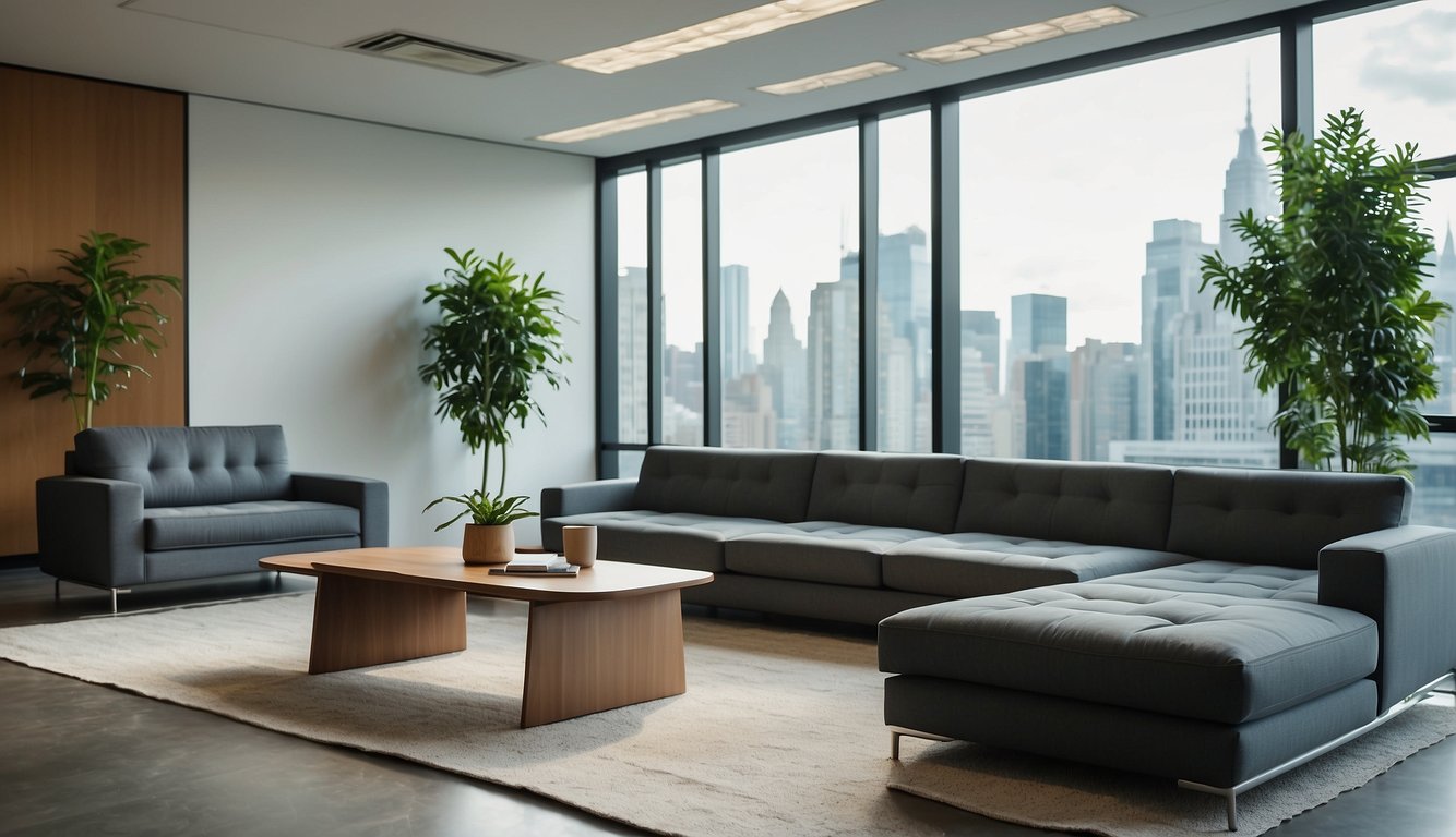 A sleek, modern office sofa sits in a well-lit, spacious room. Clean lines and professional design exude style and comfort, creating an inviting space for collaboration and productivity