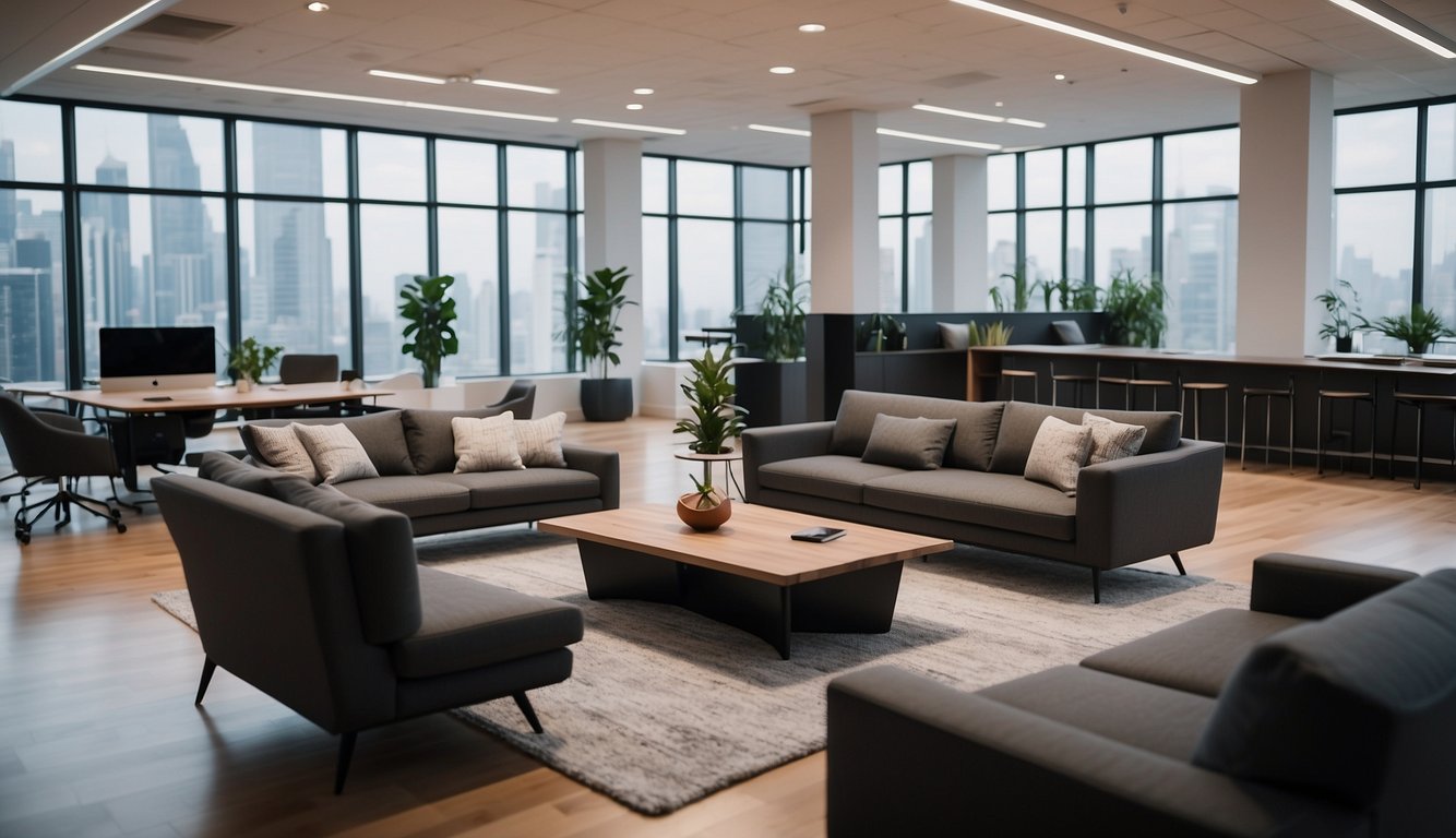 A sleek office couch sits in a modern workspace, surrounded by adjustable desks and ergonomic chairs. The versatile seating solution maximizes space and promotes collaboration