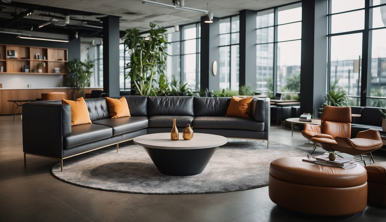 A modern office couch sits in a well-lit common area, surrounded by sleek furniture and vibrant decor. The space exudes comfort and sophistication, inviting employees and clients to relax and collaborate